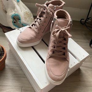 Pink Suede Wedge Sneakers